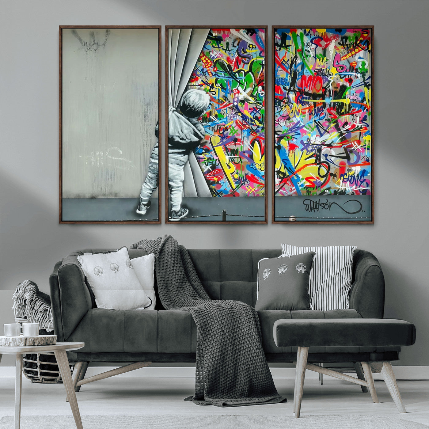 51713-MGV-CV-36X24-Banksy Colorful Street Graffiti Canvas Wall Art Print, Modern Art Triptych, Child and Graffiti Wall,