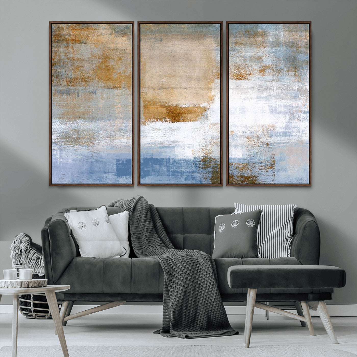 72354-MGV-CV-36X24-Blue Multi Panel Abstract Wall Art Canvas, Abstract Blue and Gold Canvas Print