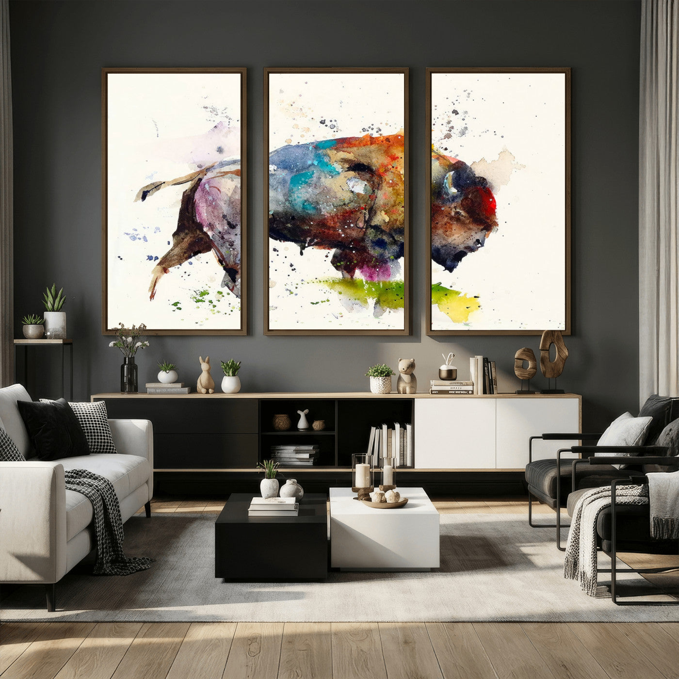 44504-MGV-CV-36X24 - Abstract Buffalo Wall Art, Western Watercolor Bison Canvas Print, Rustic Buffalo Art for Cowboy and