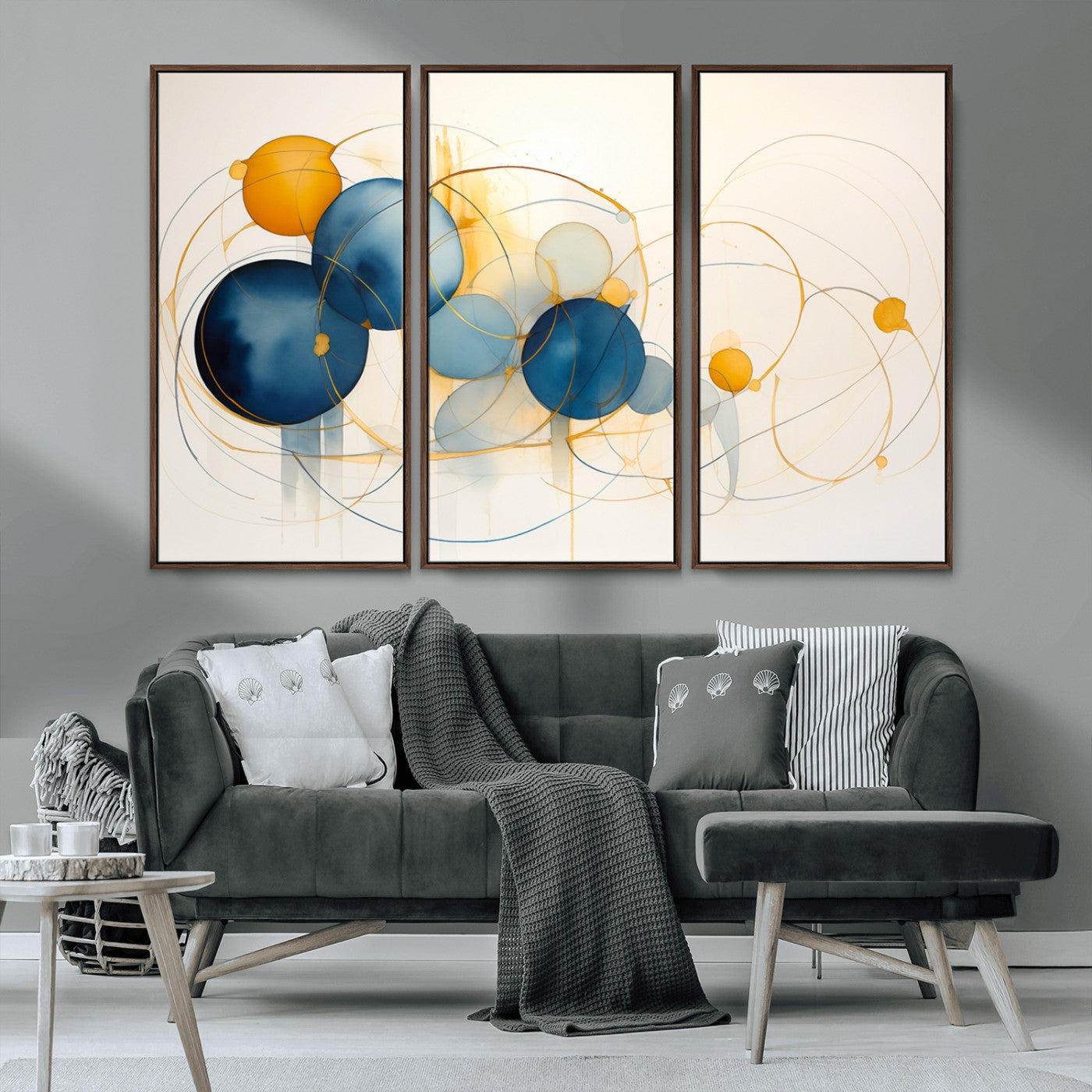 36188-MGV-FC-48X32-3P_Walnut-Geometric Blue Orange Abstract Wall Art Canvas, Geometric Blue Orange Canvas Print