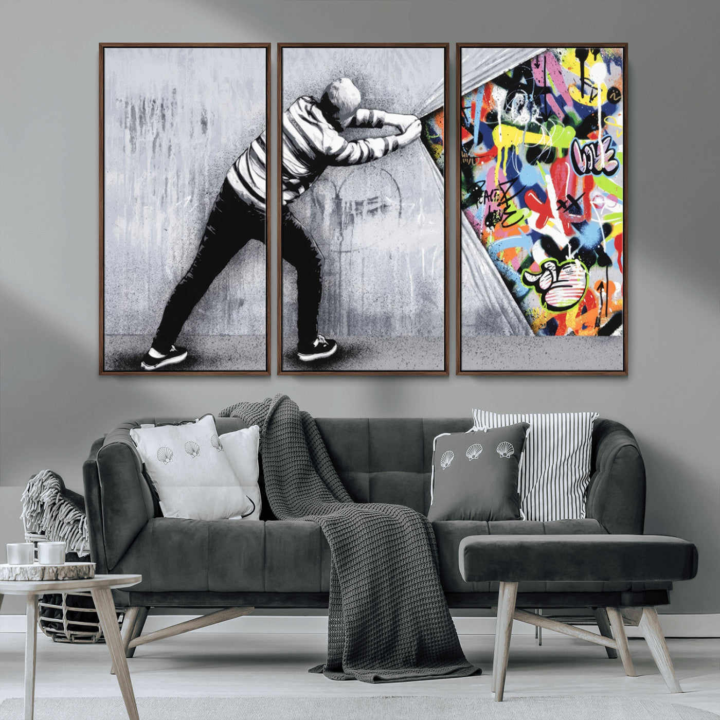 52252-MGV-CV-36X24-Banksy Art Behind the Curtain Street Wall Art Canvas Print | 3-Panel Urban Graffiti-Inspired Wall