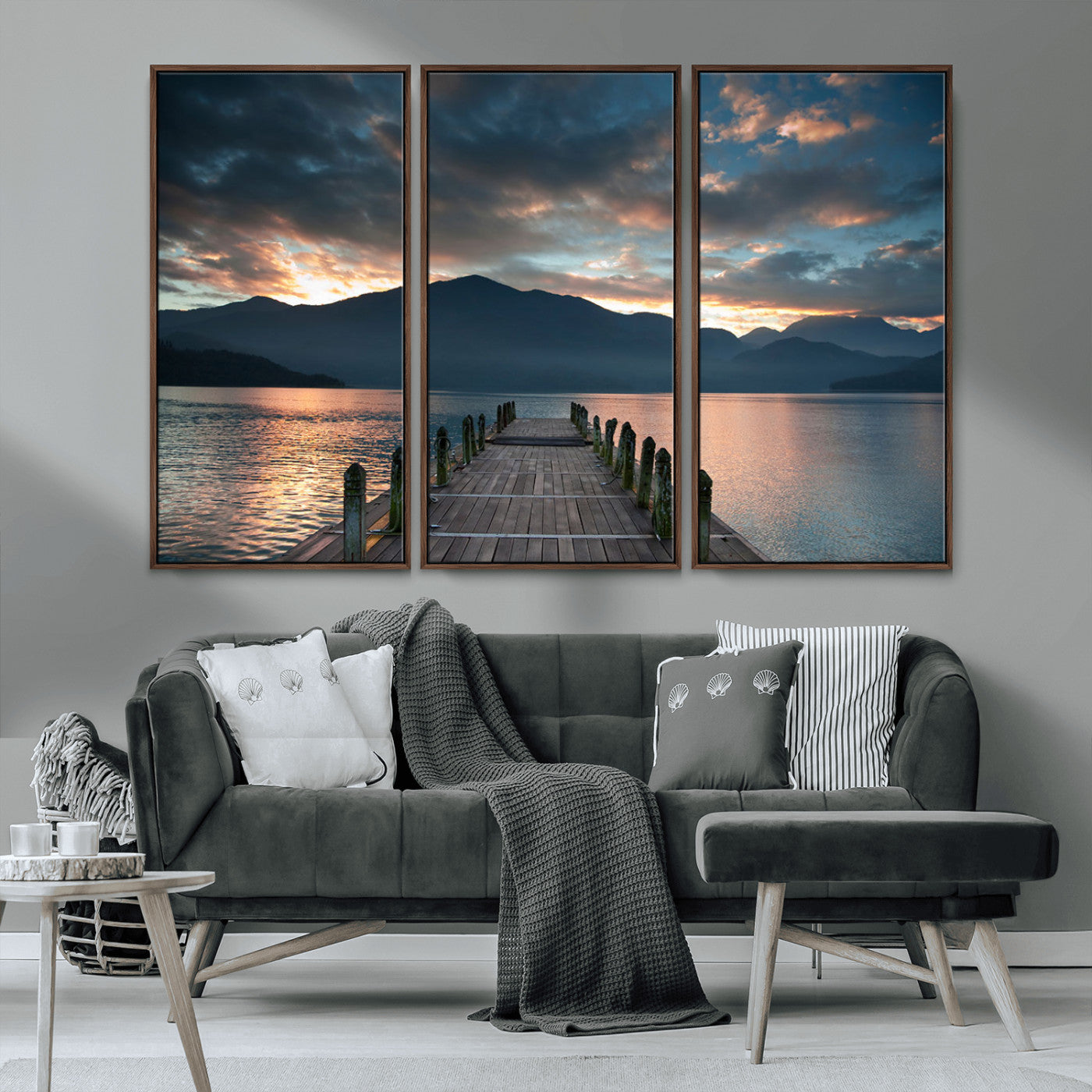-Mountain Lake Wood Pier Canvas Wall Art Nature Lake Print