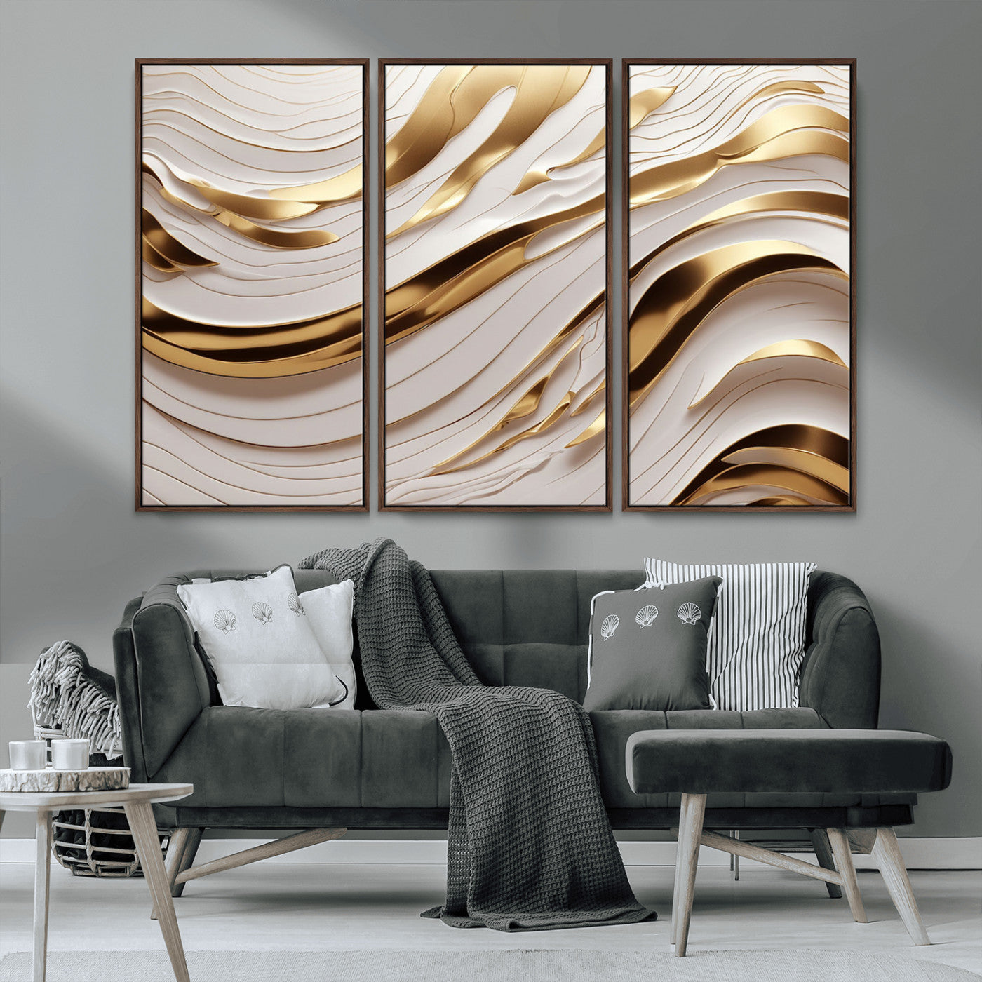 81197-MGV-CV-36X24-Gold and White Abstract Wave Canvas – Elegant Flowing Design with Luxurious Golden Accents –