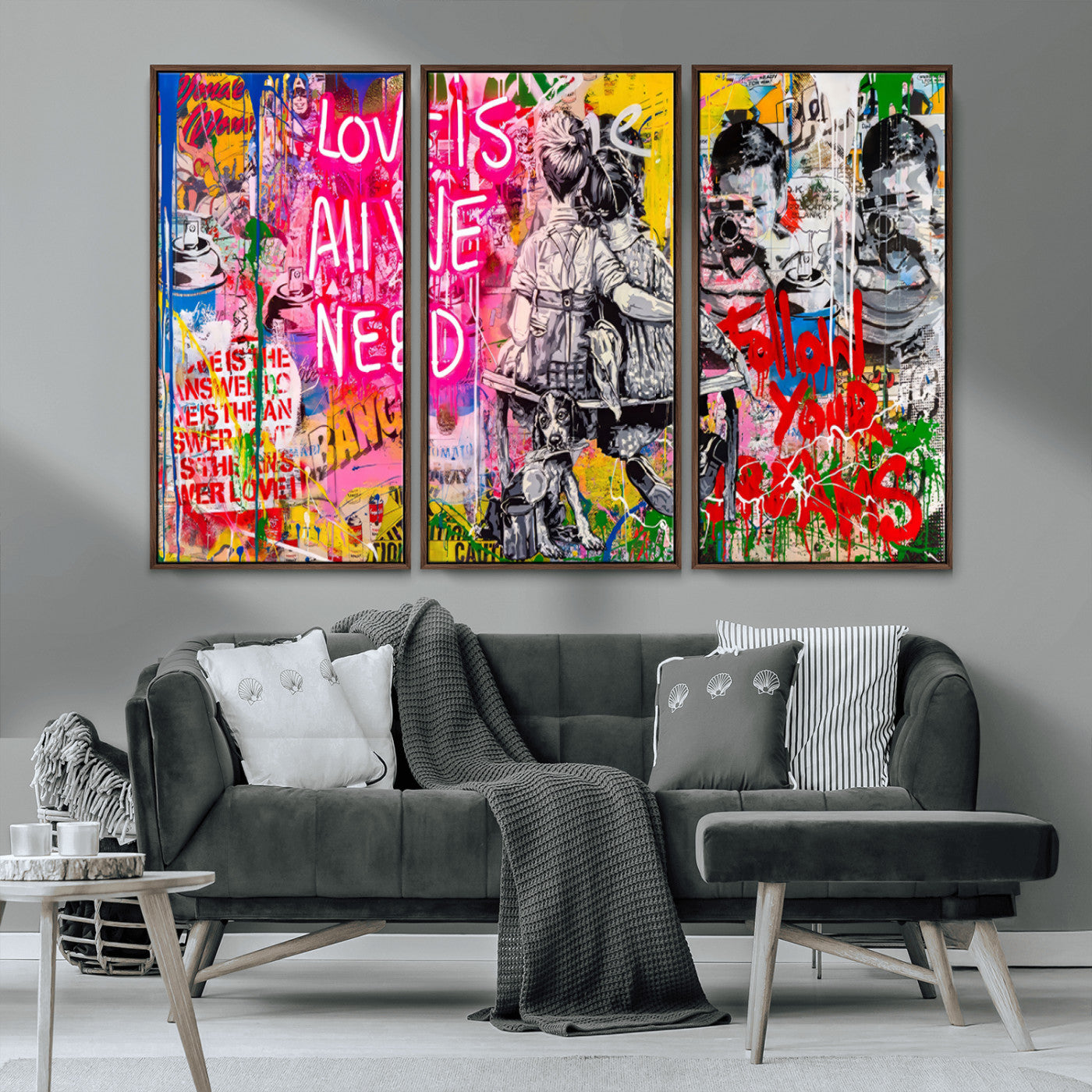 67019-MGV-CV-36X24-Follow Your Dreams & Love is All We Need Graffiti Street Art Triptych | Colorful Urban Wall Art