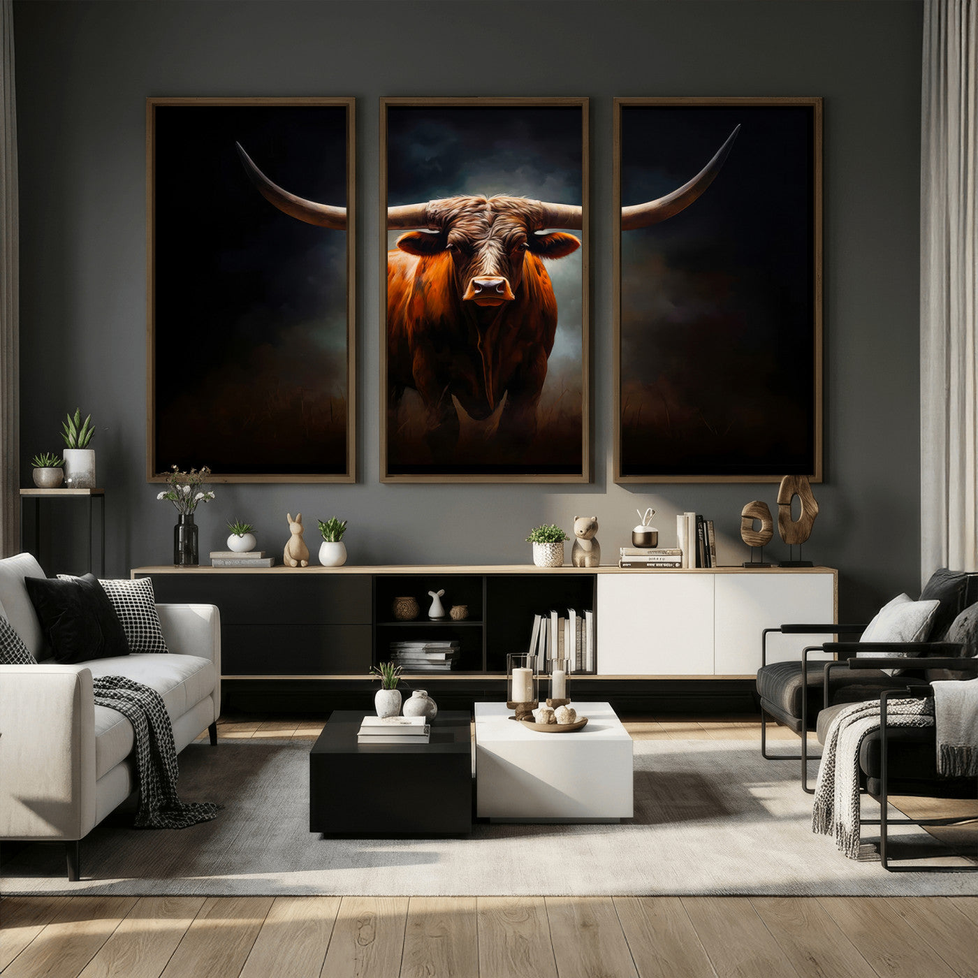 48896-MGV-CV-36X24 - Abstract Texas Longhorn Wall Art Print | 3-Panel Large Texas Longhorn Canvas Print for Living Room,