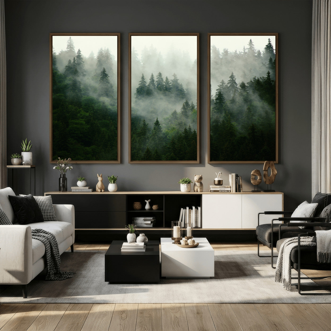 167720496-MGV-CV-36X24 - Misty Forest Mountain Wall Art Canvas | Large 3-Panel Foggy Landscape Canvas Print | Nature Misty