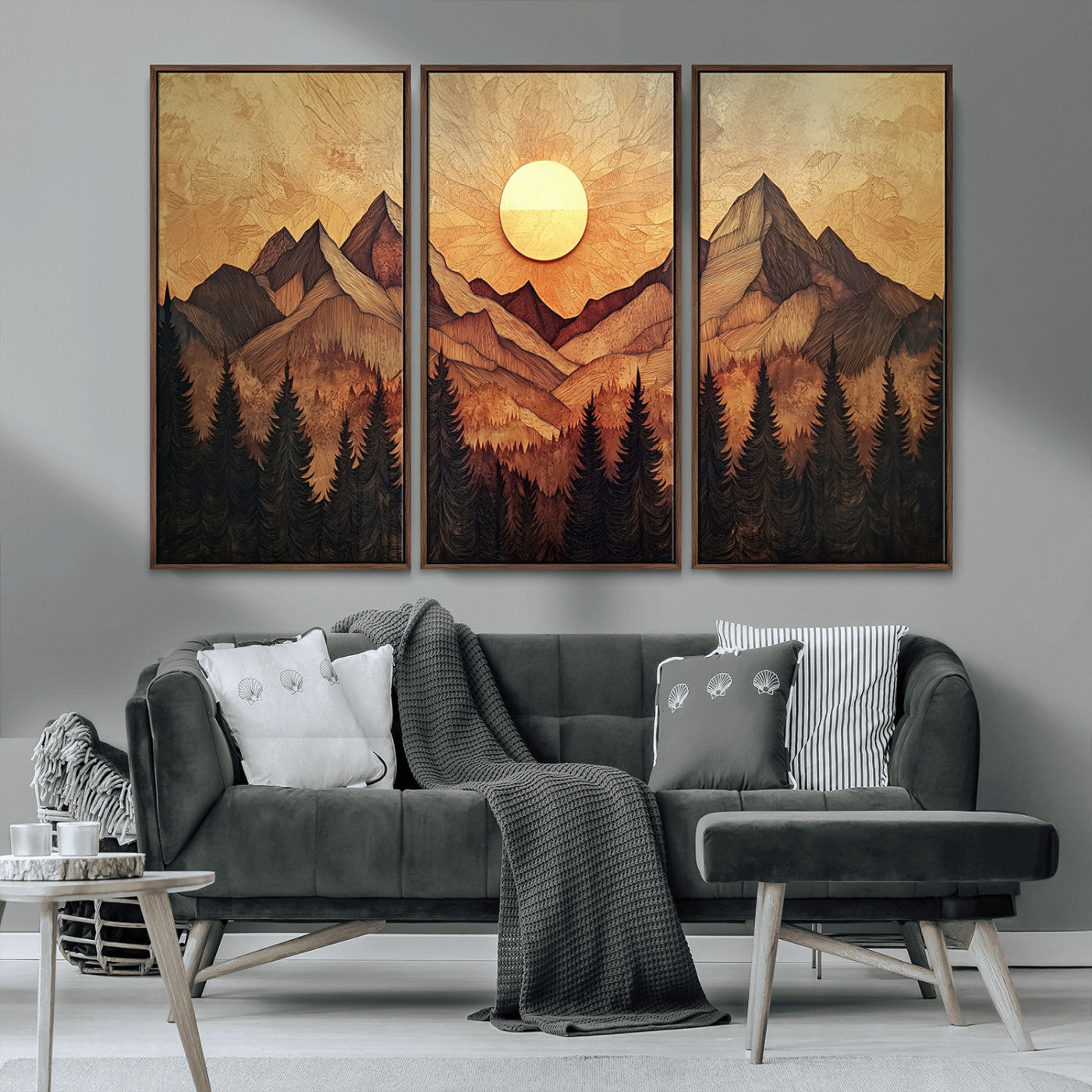 71340-MGV-FC-48X32-3P_Walnut-Wood Style Abstract Mountain Sunset Canvas Wall Art Print - Warm Earth Nature-Inspired Decor for