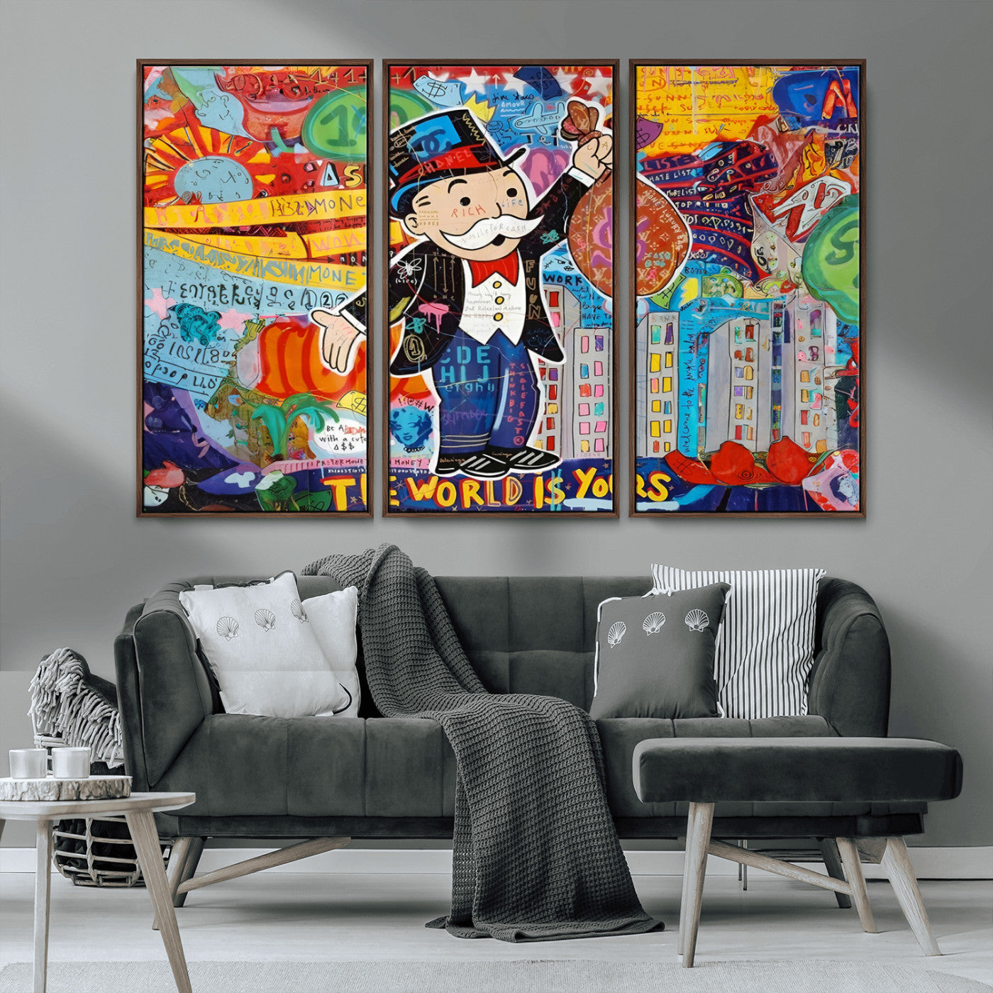 96320-MGV-FC-48X32-3P_Walnut-Pop Art Monopoly Man Canvas Wall Art Print - Bold and Colorful Street Art-Inspired Decor for Living