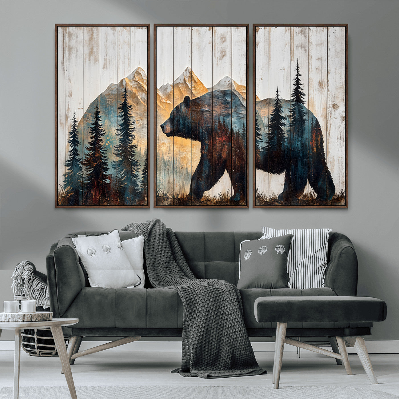 90077-MGV-FC-48X32-3P_Walnut-Rustic Bear Wall Art - Grizzly 399 Bear Wall Art - Mountain Wood Canvas Wall Art - Nature Theme