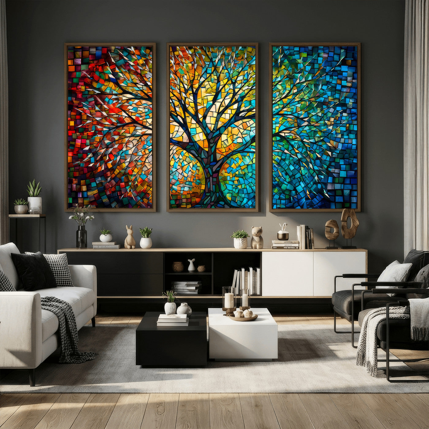 99325-MGV-CV-36X24 - Yggdrasil Tree of Life Wall Art Print Canvas | Mosaic Style 3-Panel Canvas Print
