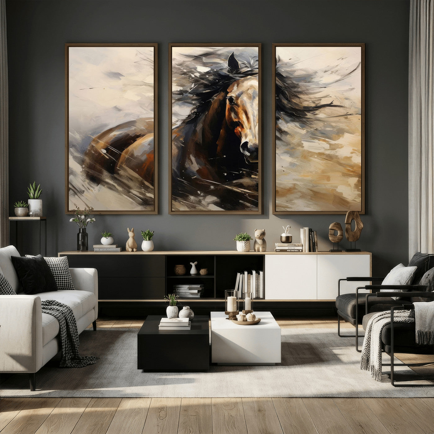 53001-MGV-CV-36X24 - Abstract Wall Art Horse Print - Large Western Horse Canvas - Farmhouse Woodland Wall Art - Framed