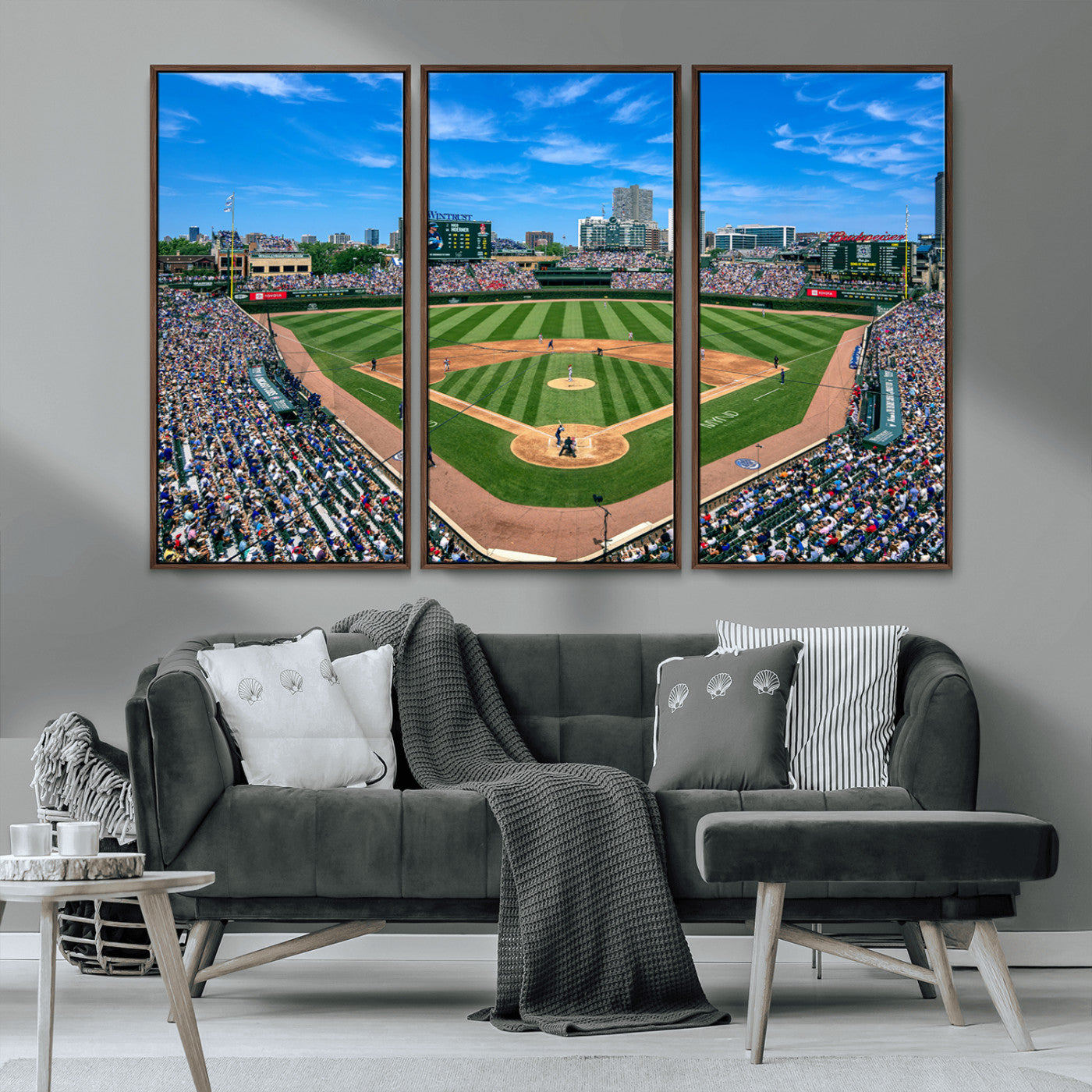 26064-MGV-FC-48X32-3P_Walnut-Wrigley Field Chicago Cubs Wall Art Canvas Print Framed Panoramic Multi-Piece Iconic Baseball Stadium Artwork for Home, Office