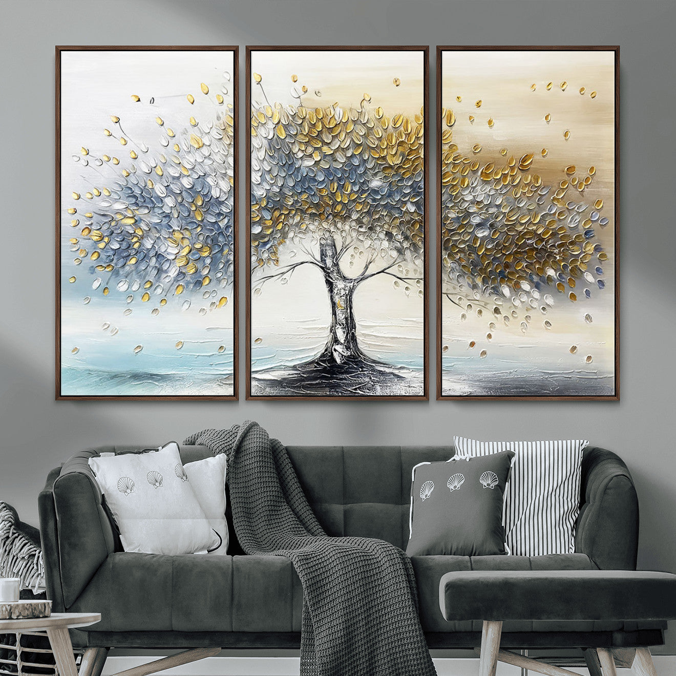 MGV-FC-48X32-3P - Golden & Silver Tree of Life Wall Art – Canvas Print with Whimsical Leaves Elegant Nature Design, Decorative Home, Office or Guest Room Decor