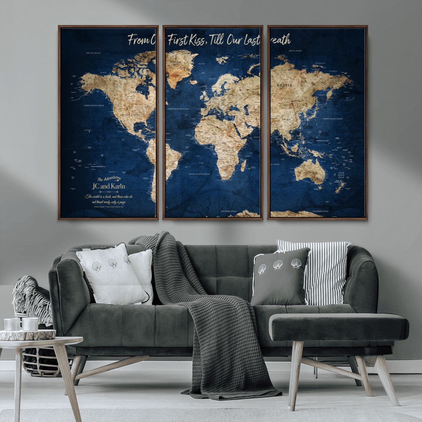 -Personalized Push Pin World Map Canvas Print – Custom Couple Travel Tracker Wall Art, Framed Anniversary Gift for Home Decor