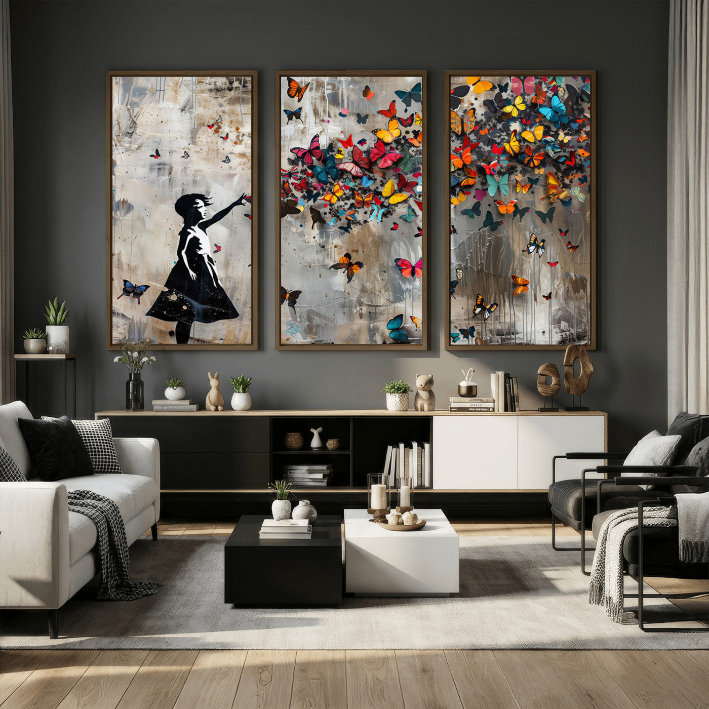 51446-MGV-CV-36X24 - Banksy Butterfly Girl Wall Art | 3-Piece Butterfly Girl Canvas