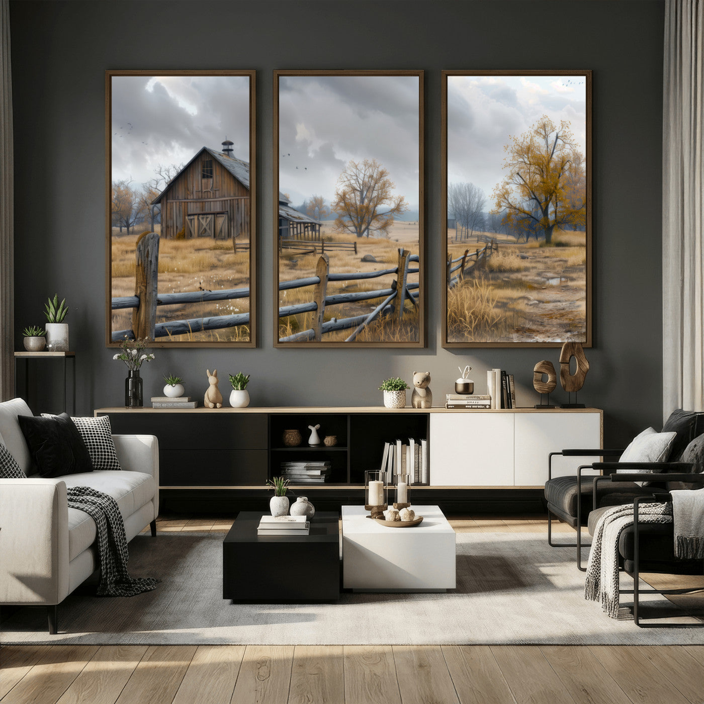 Farm1-MGV-CV-36X24 - Rustic Autumn Farmhouse Wall Art Canvas Print – Serene Countryside Scene with Weathered Barn and