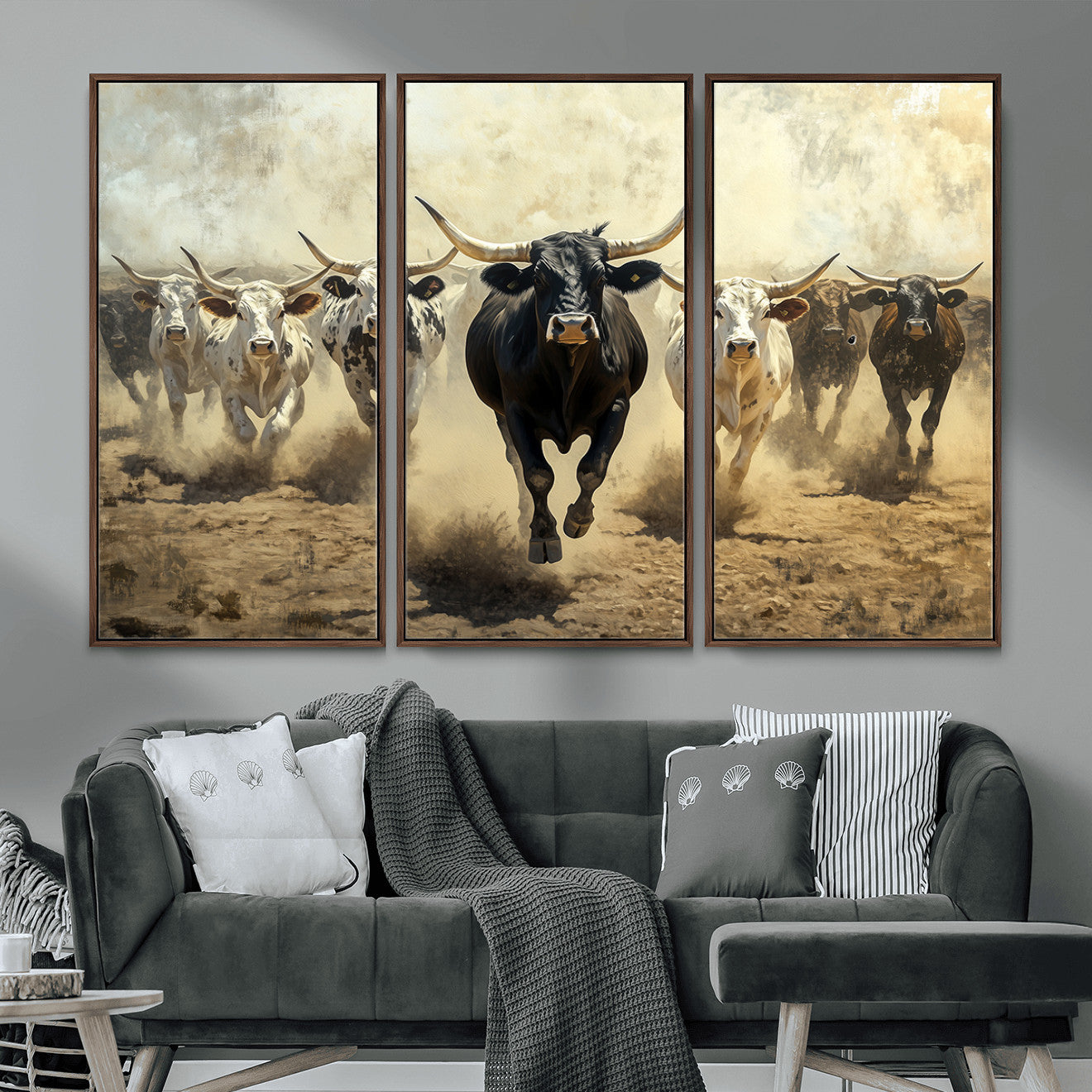 MGV-FC-48X32-3P - Running Cattle Wall Art – Canvas Print of Western Herd, Dust Stampede, Longhorns, Wild West Ranch, Bold Rustic Farm Decor for Home or Office