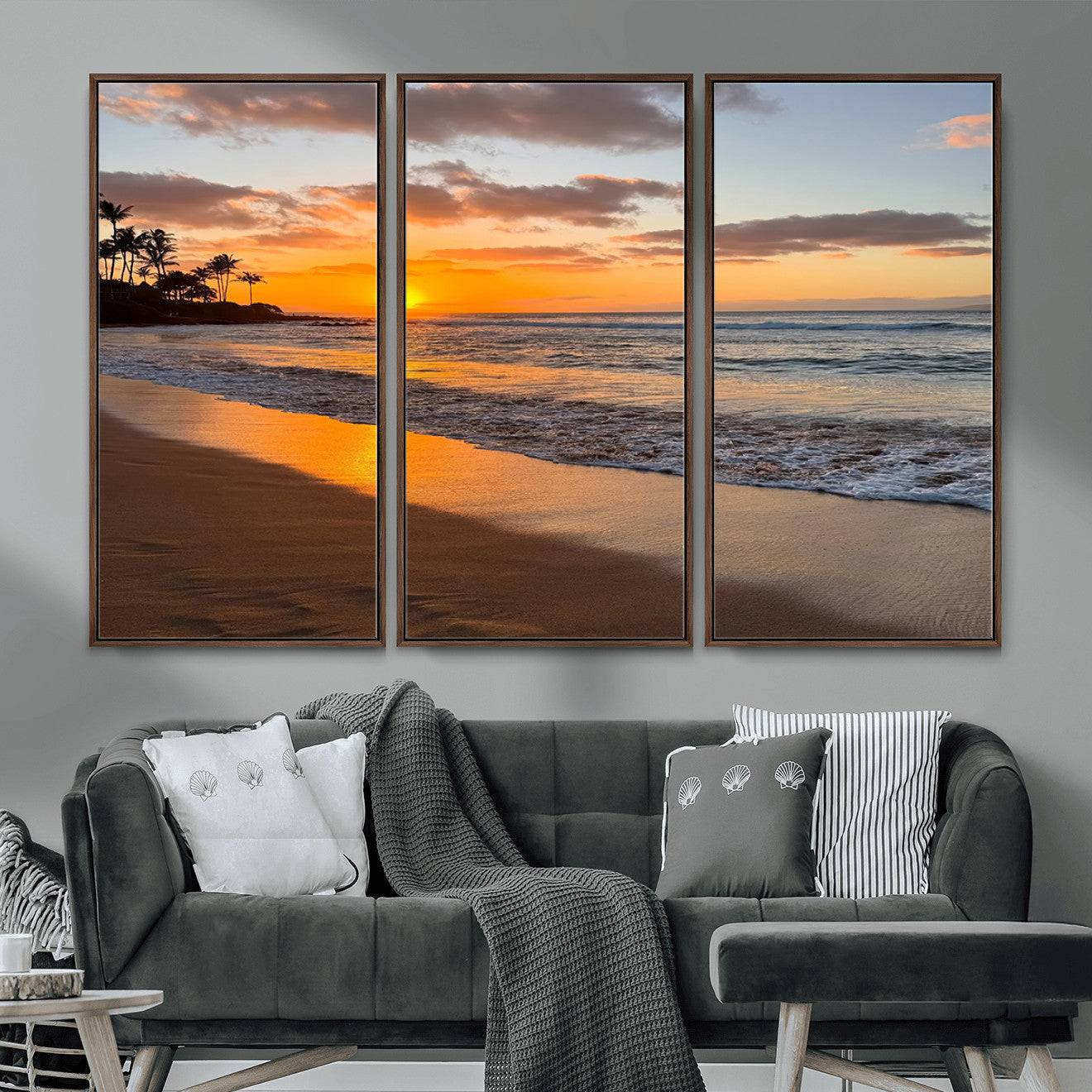 MGV-FC-48X32-3P - Sunset Glow Wall Art – Canvas Print of Ocean Breeze, Golden Sand, Tropical Palm Silhouettes, Tranquil Waves, Beach Nature Decor for Home