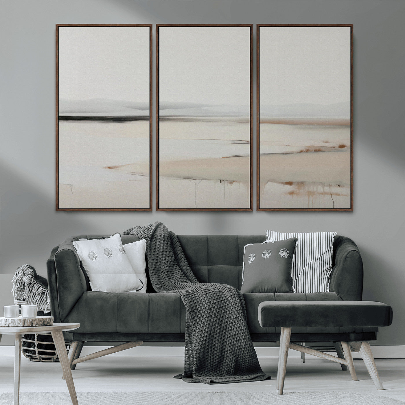 89410095-MGV-CV-36X24-Minimalist Landscape Wall Art Canvas Print – Framed Soft Horizon Abstract Seascape Earthy Tones Artwork for Home Office