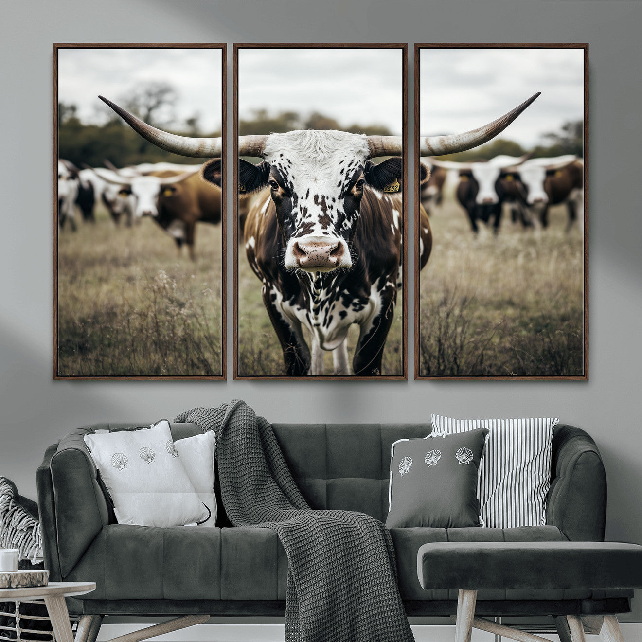 MGV-FC-48X32-3P - Majestic Longhorn Cow Wall Art – Canvas Print of Intricate Fur & Sharp Horns Earthy Tones Serene Landscape, Rustic Charm Decor for Living Room, Office or Bedroom