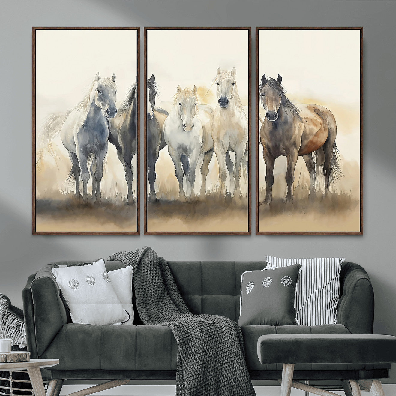 MGV-FC-48X32-3P - Wild Horses Wall Art Canvas Print, Framed Running Horses Art Picture Print, Watercolor Horses Perfect Rustic Western Decor Artwork