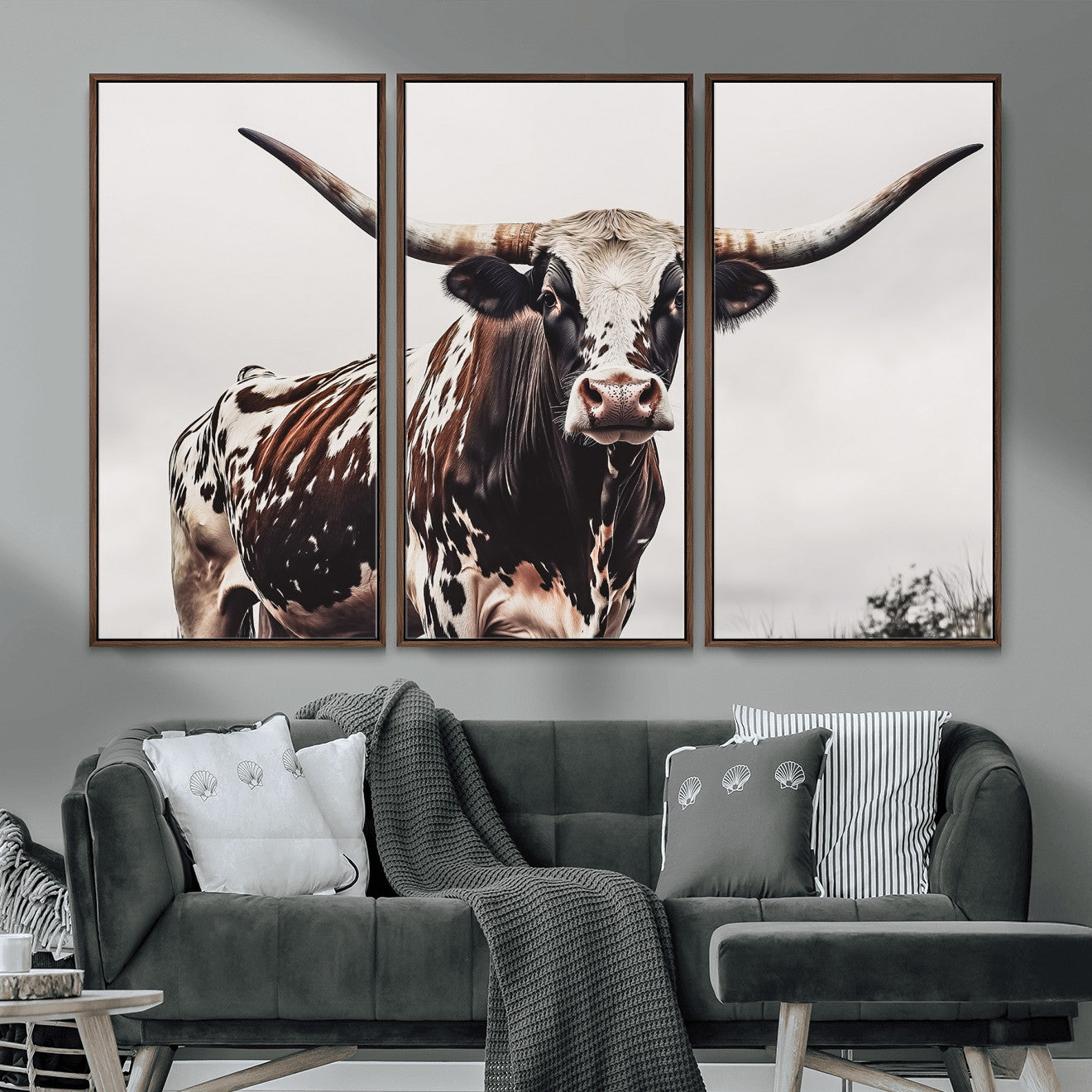 MGV-FC-48X32-3P - Texas Longhorn Wall Art Canvas Print, Framed Spotted Bull Art Picture Print, Horned Cattle Perfect Rustic Farmhouse Decor Artwork