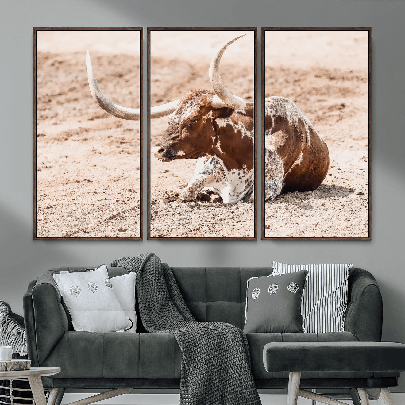 91248682-MGV-FC-48X32-3P_Walnut-Texas Longhorn Wall Art Canvas Print – Framed Resting Bull Scene with Spotted Cattle Artwork for Home, Office