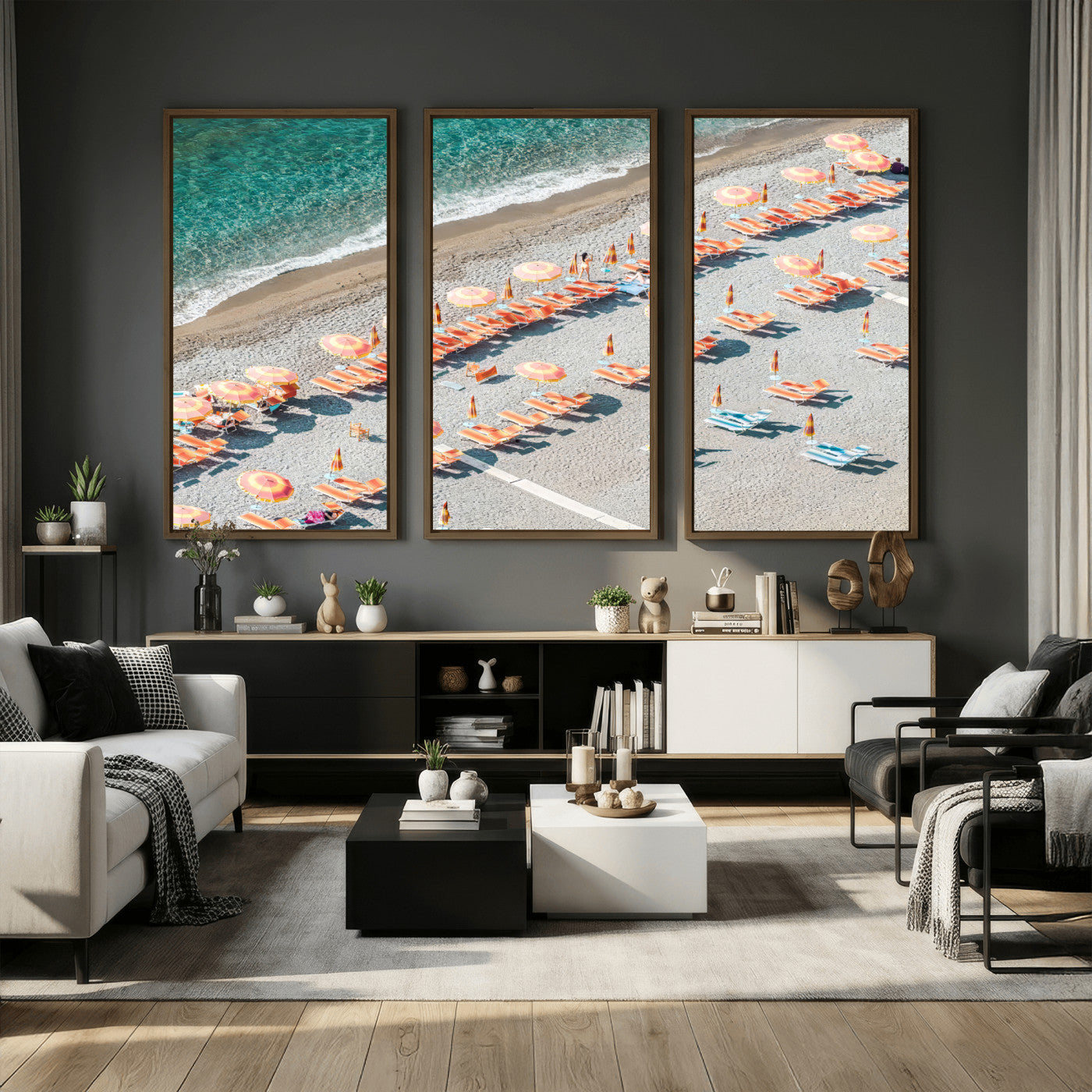 27805351-MGV-CV-36X24 - Beach Umbrellas Wall Art – Orange Loungers & Turquoise Water Canvas Print, Sandy Shore and Summer Vibes