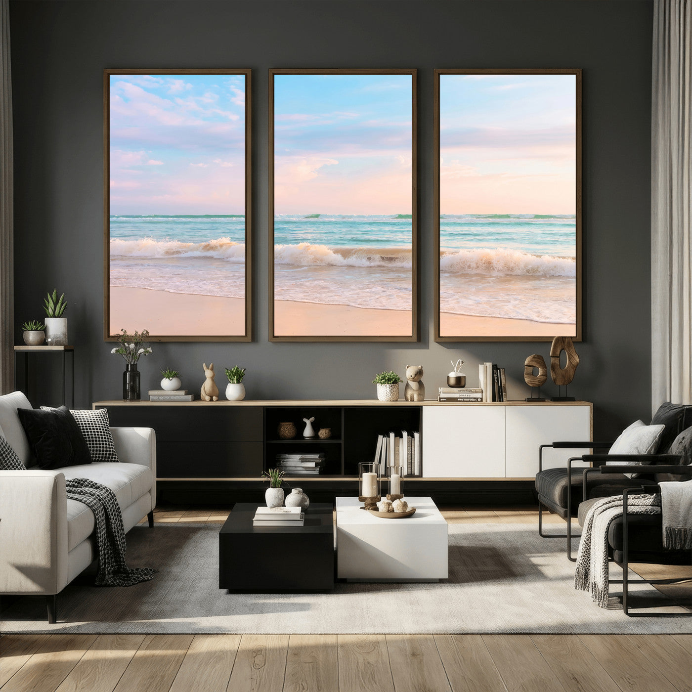 74679437-MGV-CV-36X24 - Serene Waves Wall Art – Golden Shore & Soft Pastel Sky Canvas Print, Gentle Ocean and Peaceful Sunset for Living Room or Office