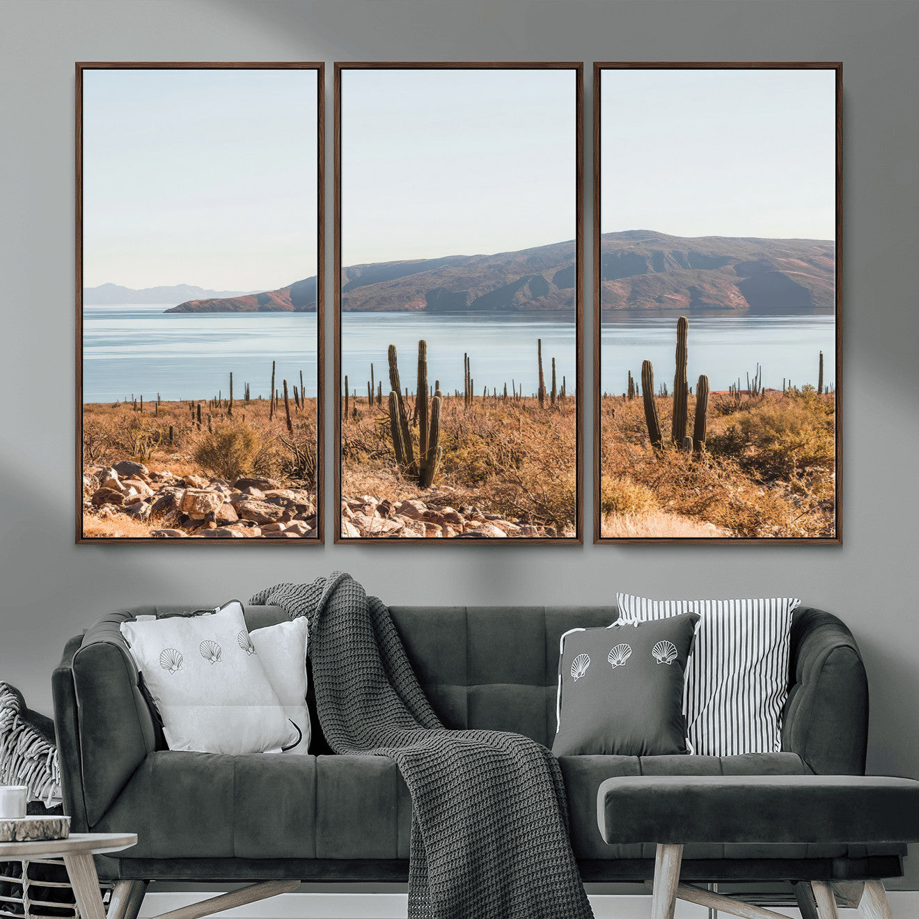 MGV-FC-48X32-3P - Desert Cactus Wall Art Canvas Print, Framed Baja Coastline Art Picture Print, Coastal Desert Perfect Southwestern Minimalist Decor Artwork