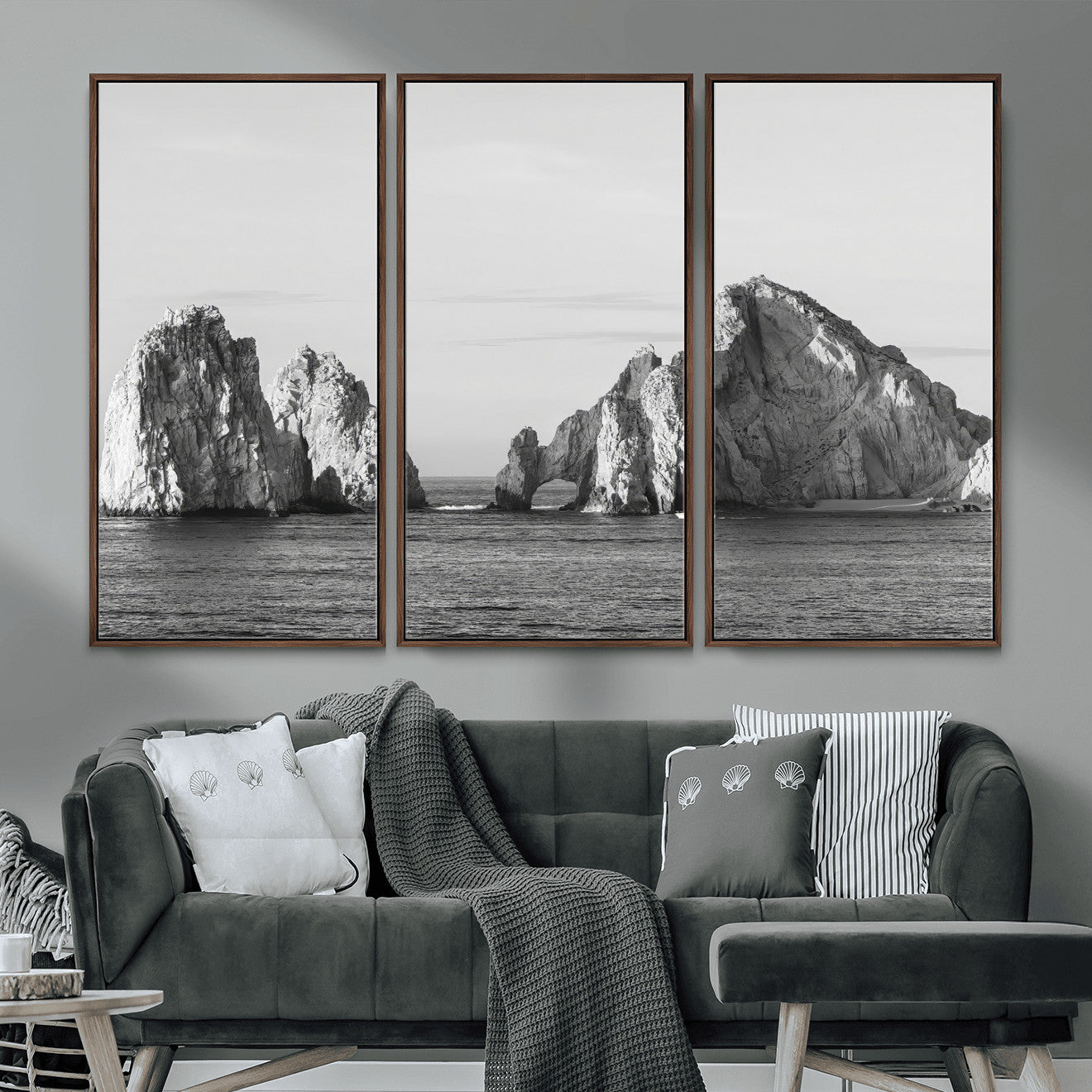 MGV-FC-48X32-3P - Rugged Coastline Wall Art Canvas Print, Framed Ocean Cliffs Art Picture Print, Monochrome Seascape Perfect Coastal Minimalist Decor Artwork