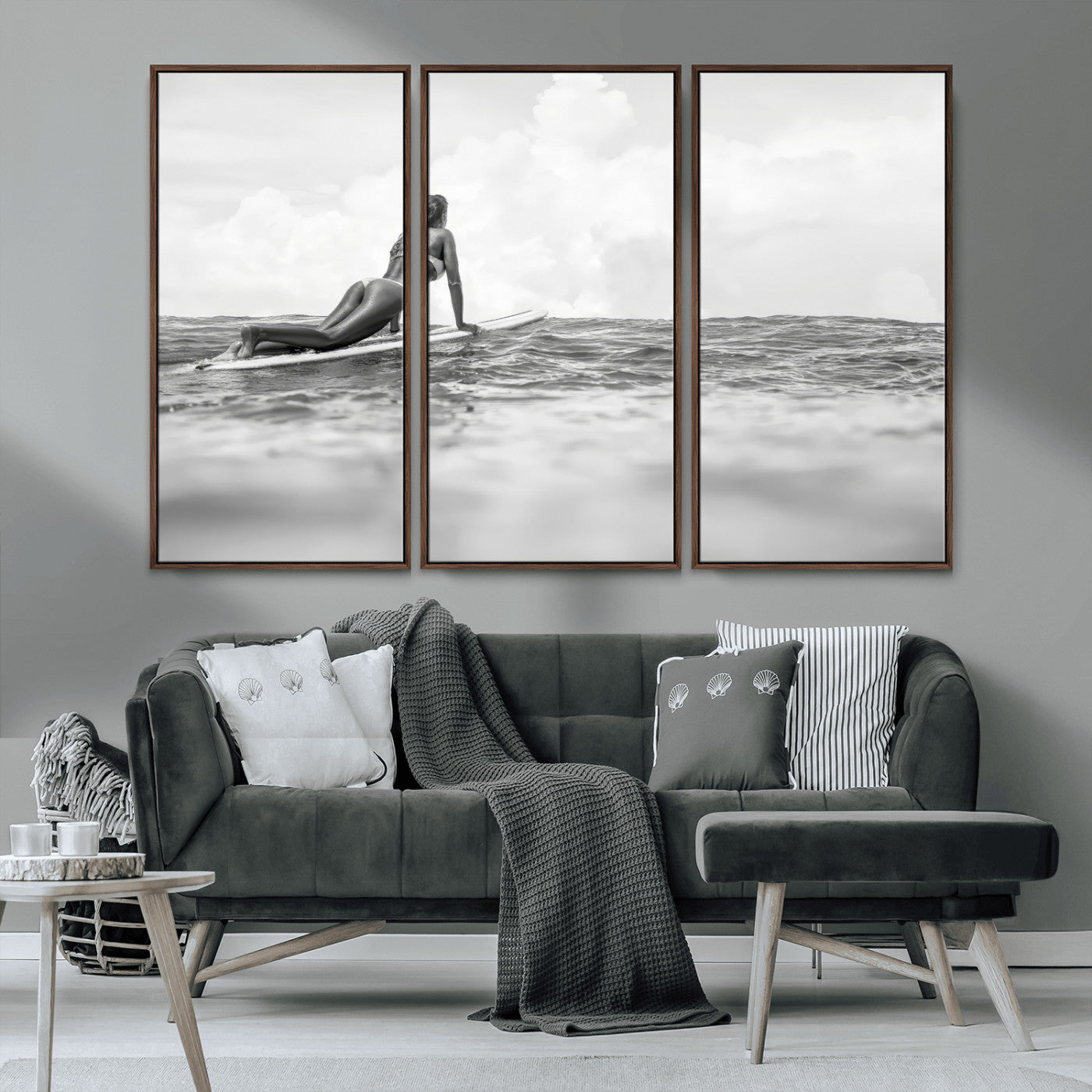 69798068-MGV-CV-36X24-Black and White Surfing Wall Art Canvas Print – Framed Ocean Horizon with Surfer Girl Coastal Adventure Artwork for Home, Office