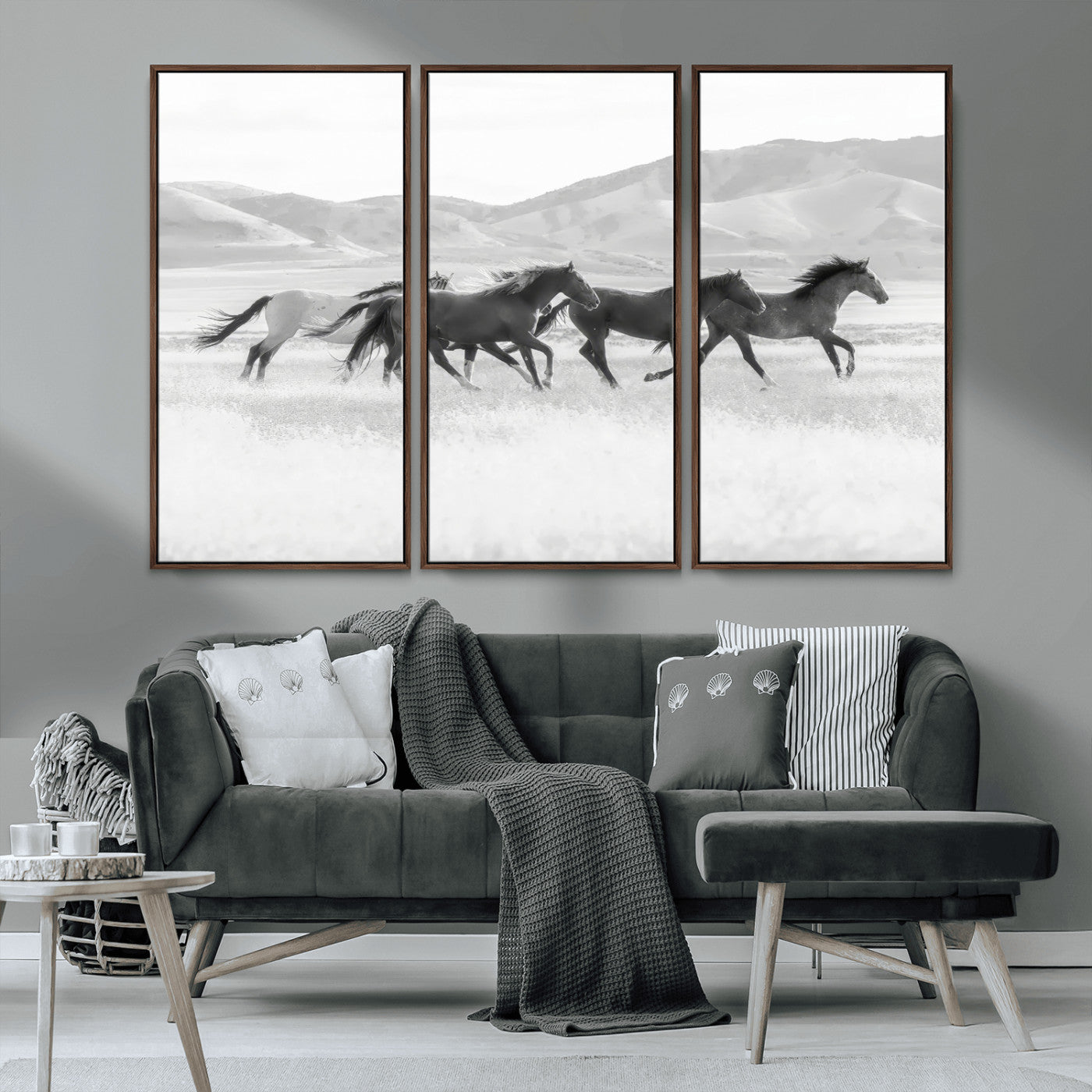 MGV-FC-48X32-3P - Wild Horses Wall Art – Black & White Canvas Print of Herd Running, Nature in Motion, Freedom & Beauty Decor for Guest Room, Office or Living Room