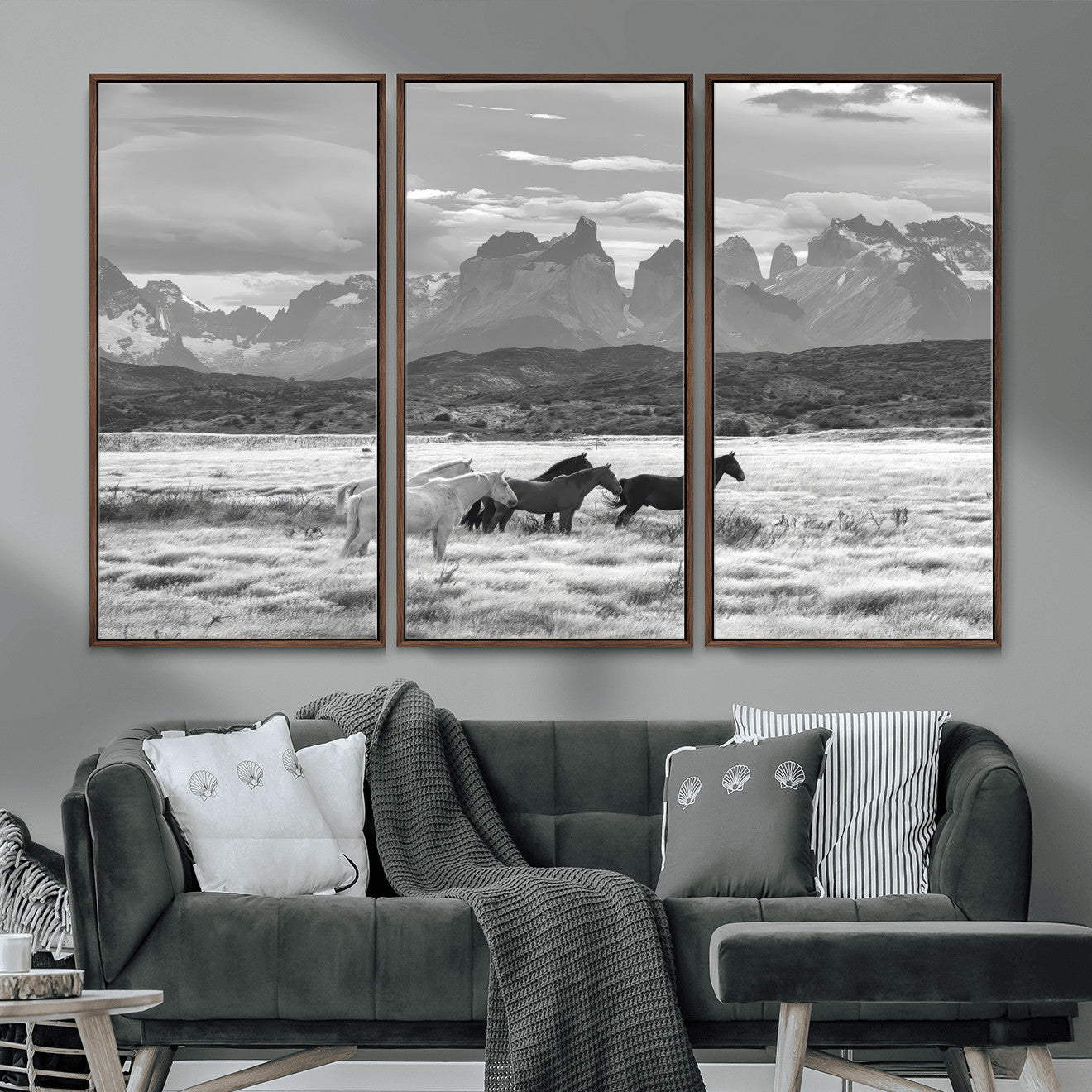 MGV-FC-48X32-3P - Wild Horses Wall Art Canvas Print, Framed Black White Mountains Art Picture Print, Rustic Countryside Perfect Rustic Western Decor Artwork