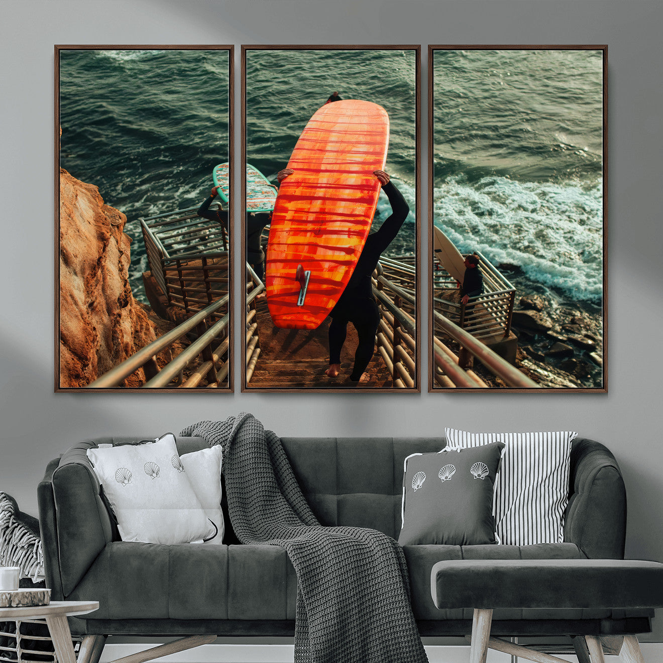 MGV-FC-48X32-3P - Surfer Stairway Wall Art Canvas Print, Framed Ocean Surf Art Picture Print, Sunset Coastal Perfect Coastal Adventure Decor Artwork