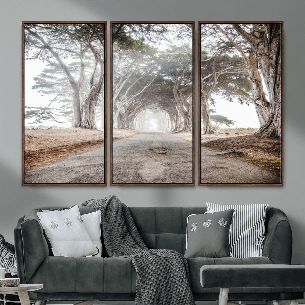 87090469-MGV-CV-36X24-Cypress Tunnel Wall Art – Framed Misty Road Canvas Artwork, Foggy Trees Design, Rustic Woodland Nature Decor for Home, Office