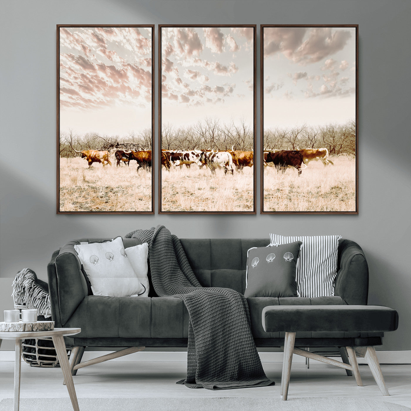 -Longhorn Cattle Wall Art Canvas Print, Framed Texas Ranch Art Picture Print, Western Cow Perfect