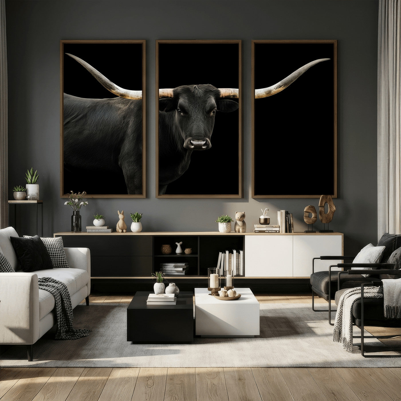 99448328-MGV-CV-36X24 - Longhorn Cattle Wall Art Canvas Print, Framed Texas Black Bull Art Picture Print, Western Cow Perfect Farmhouse Decor Artwork