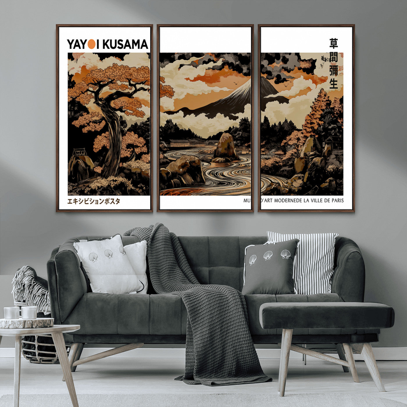 96372548-MGV-CV-36X24-Modern Japanese Wall Art Canvas Print – Framed Abstract Mount Fuji Scene with Yayoi Kusama Style Artwork for Home, Office