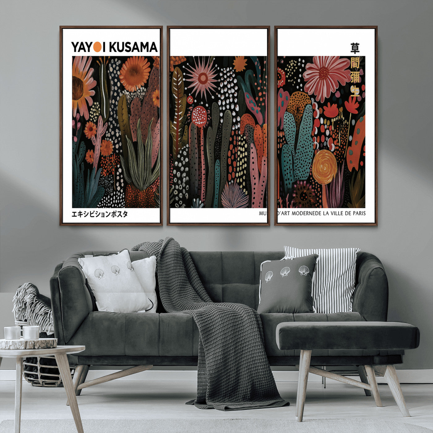 70632622-MGV-CV-36X24-Modern Japanese Wall Art Canvas Print – Framed Abstract Mount Fuji Scene with Yayoi Kusama Artwork for Home, Office