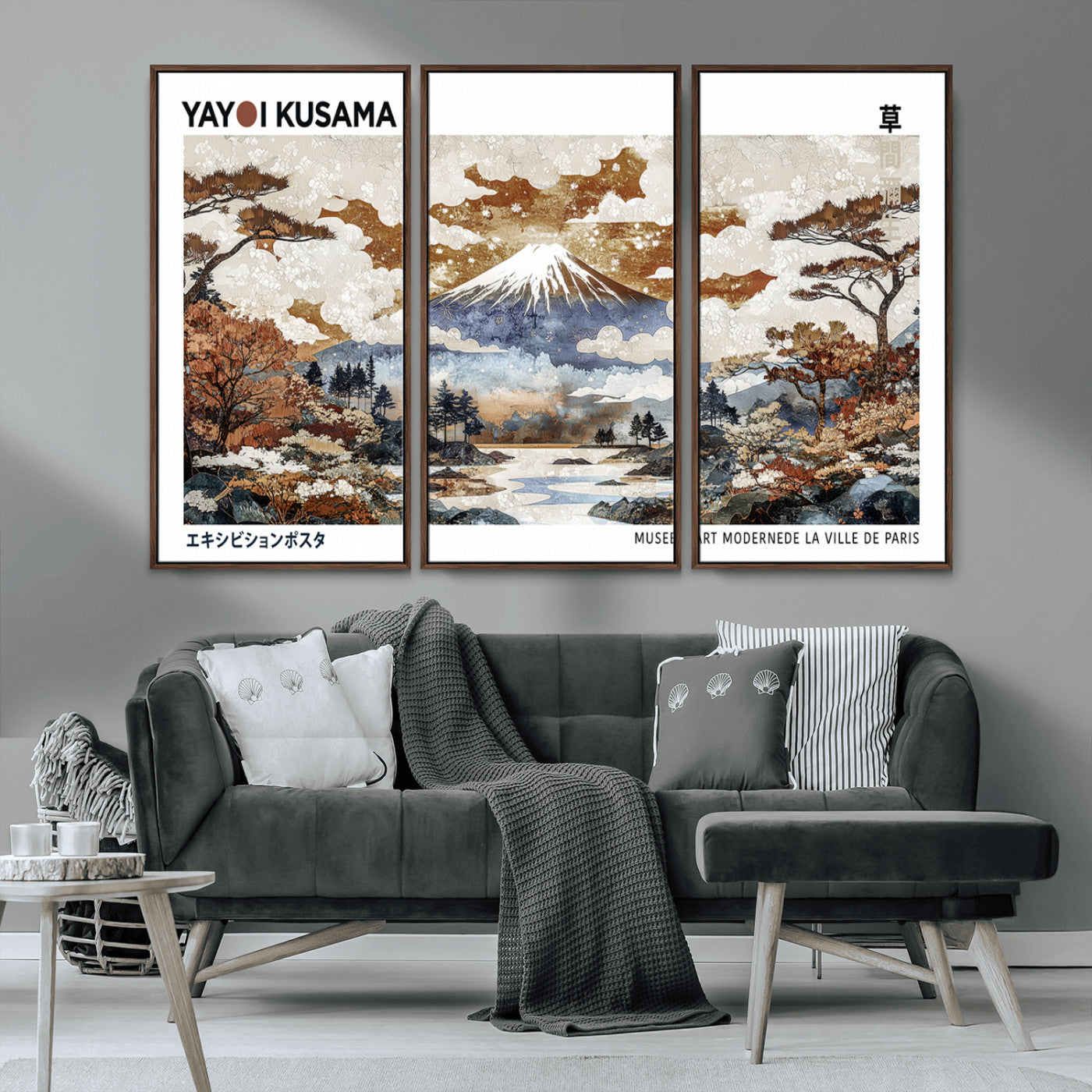 80111817-MGV-FC-48X32-3P_Walnut-Modern Japanese Wall Art Canvas Print – Framed Abstract Mount Fuji Scene with Yayoi Kusama Artwork for Home, Office