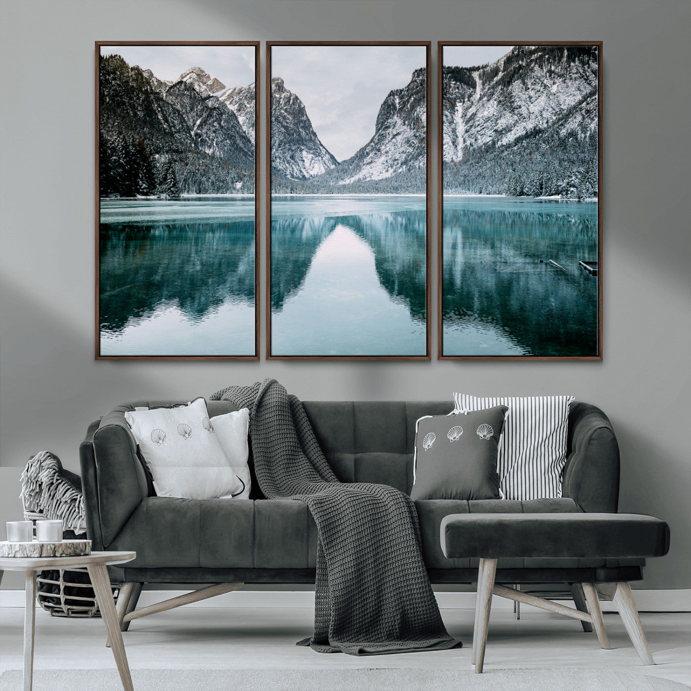 73098373-MGV-CV-36X24-Mountain Lake Wall Art Canvas Print – Framed Snowy Peaks Wonderland Nature Scene Artwork for Home Office