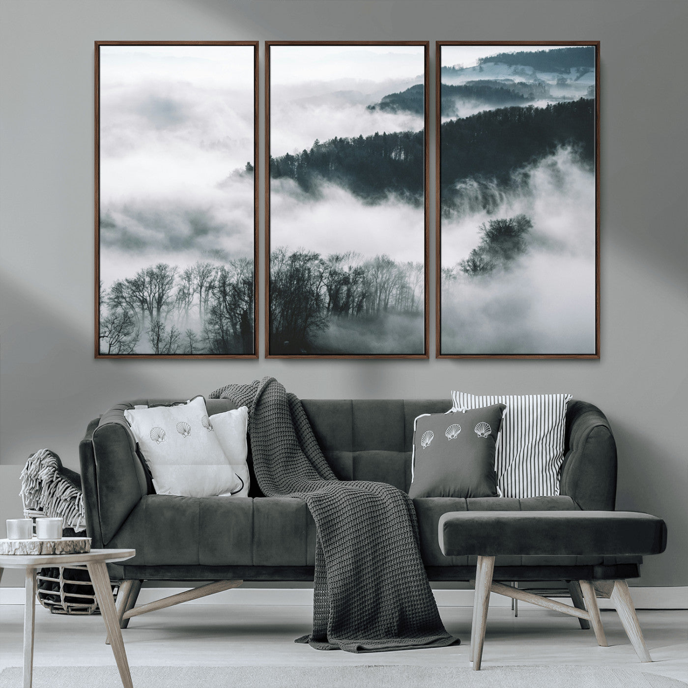 67569654-MGV-CV-36X24-Foggy Forest Landscape Wall Art Canvas Print – Misty Mountain Valley Scene Monochrome Tones Nature Artwork for Home Office