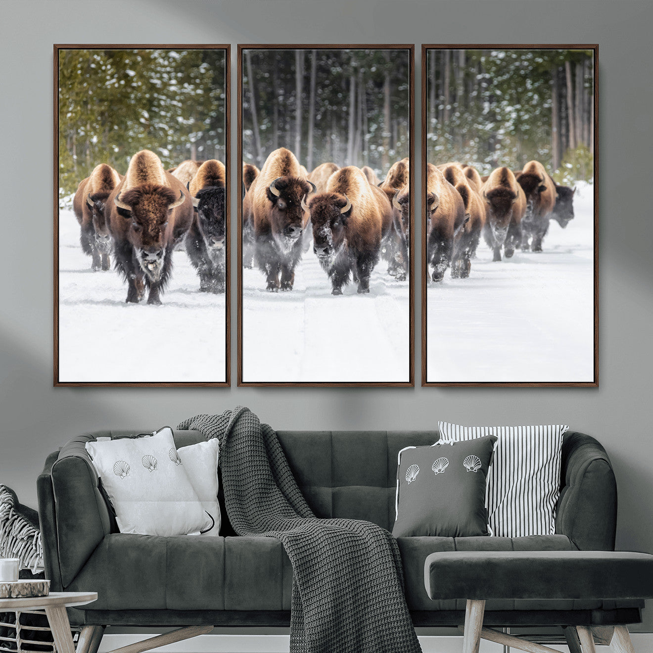 96906195-MGV-FC-48X32-3P - American Bison Herd Snow Canvas Wall Art – Powerful Winter Wildlife Print of Buffalo Motion, Rustic Lodge or Western Cabin Decor for Living Room, Office
