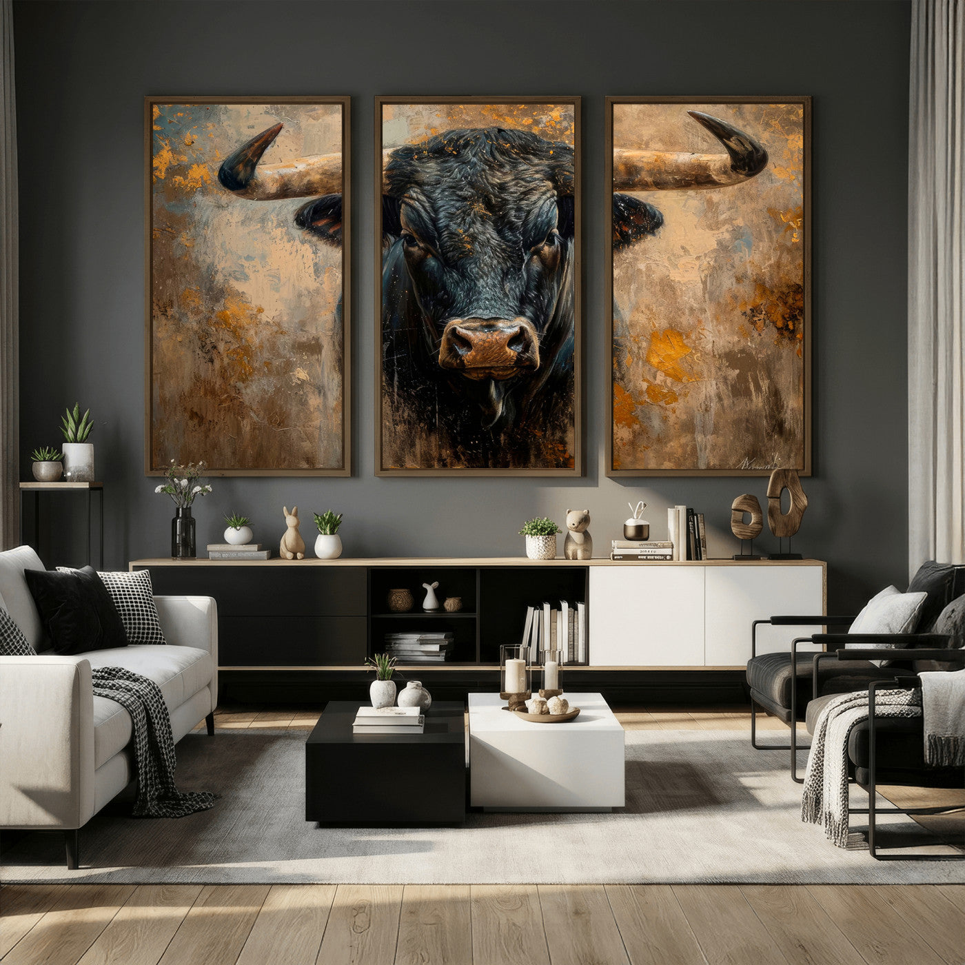 91615410-MGV-CV-36X24 - Abstract Texas Longhorn Bull Wall Art – Rustic Farmhouse Canvas Print, Western Cabin Style Decor, Large Animal Artwork for Living Room or Office