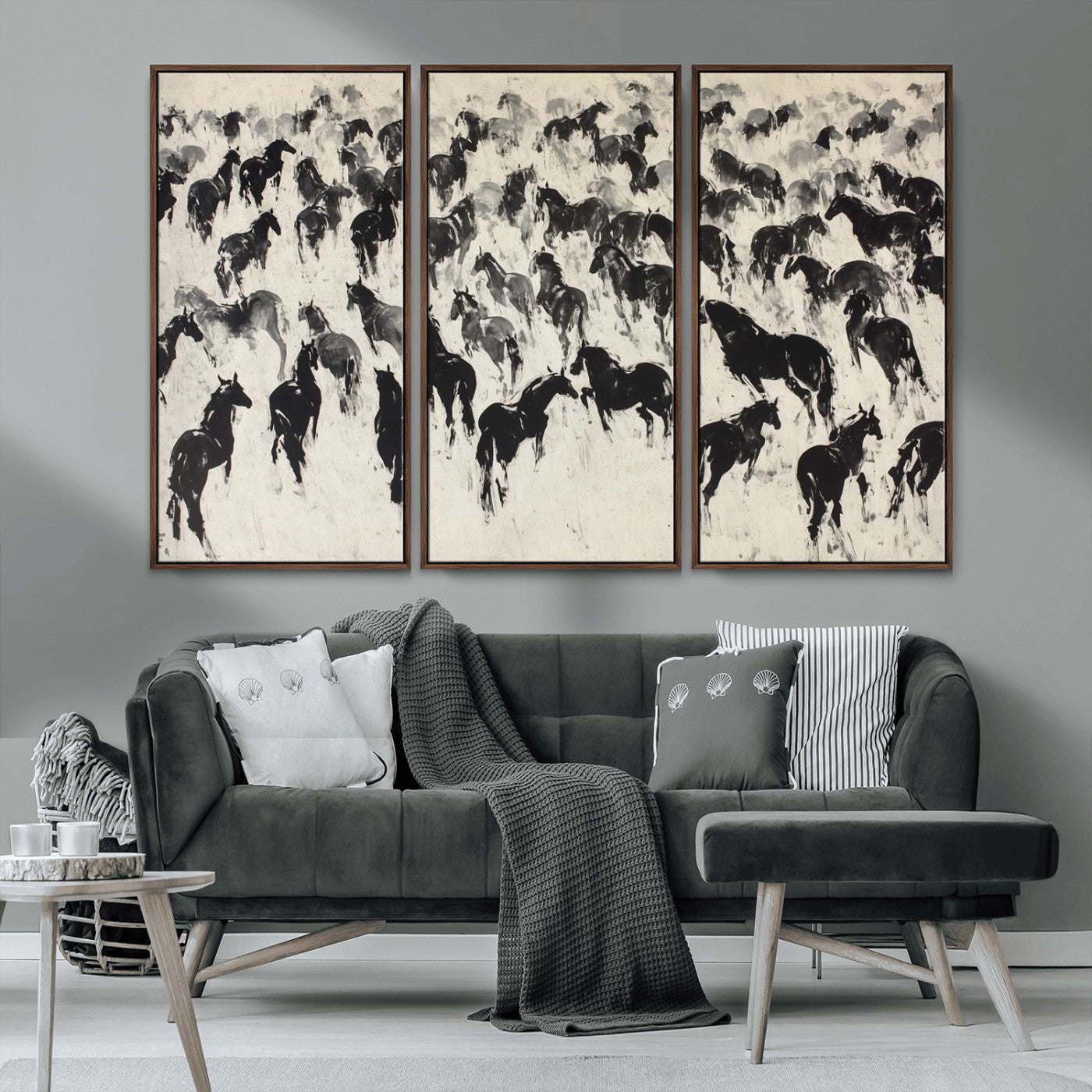 -Wild Horse Stampede Wall Art Canvas Print – Monochrome Running Horses Dynamic Motion Elegant Scene Artwork for Home, Office