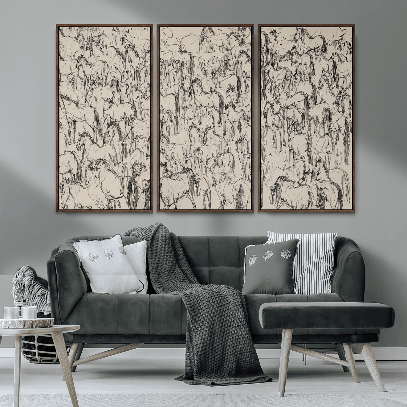12358908-MGV-FC-48X32-3P_Walnut-Wild Horse Stampede Wall Art Canvas Print – Monochrome Running Horses Dynamic Motion Elegant Artwork for Home, Office