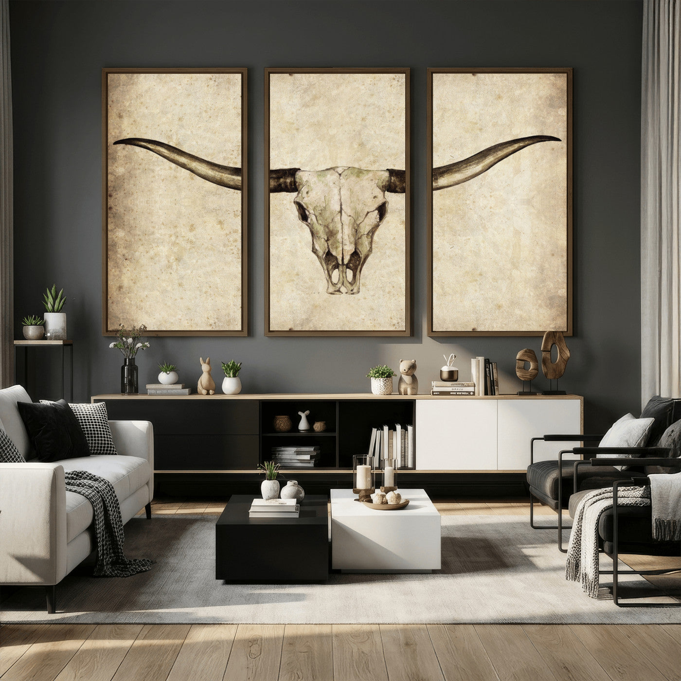 42788678-MGV-CV-36X24 - Longhorn Skull Wall Art Canvas Print – Rustic Western Artwork Print for Living Room Wall Decor