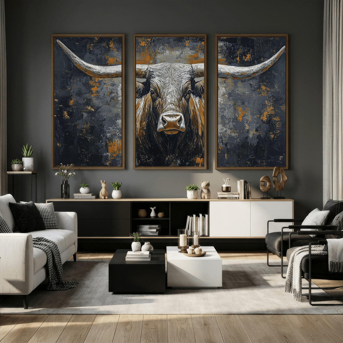 73972561-MGV-CV-36X24 - Bold Bull Wall Art Canvas – Striking Portrait with Wide Horns and Rich Brown Hues, Rustic Farmhouse and Western Decor for Home Room