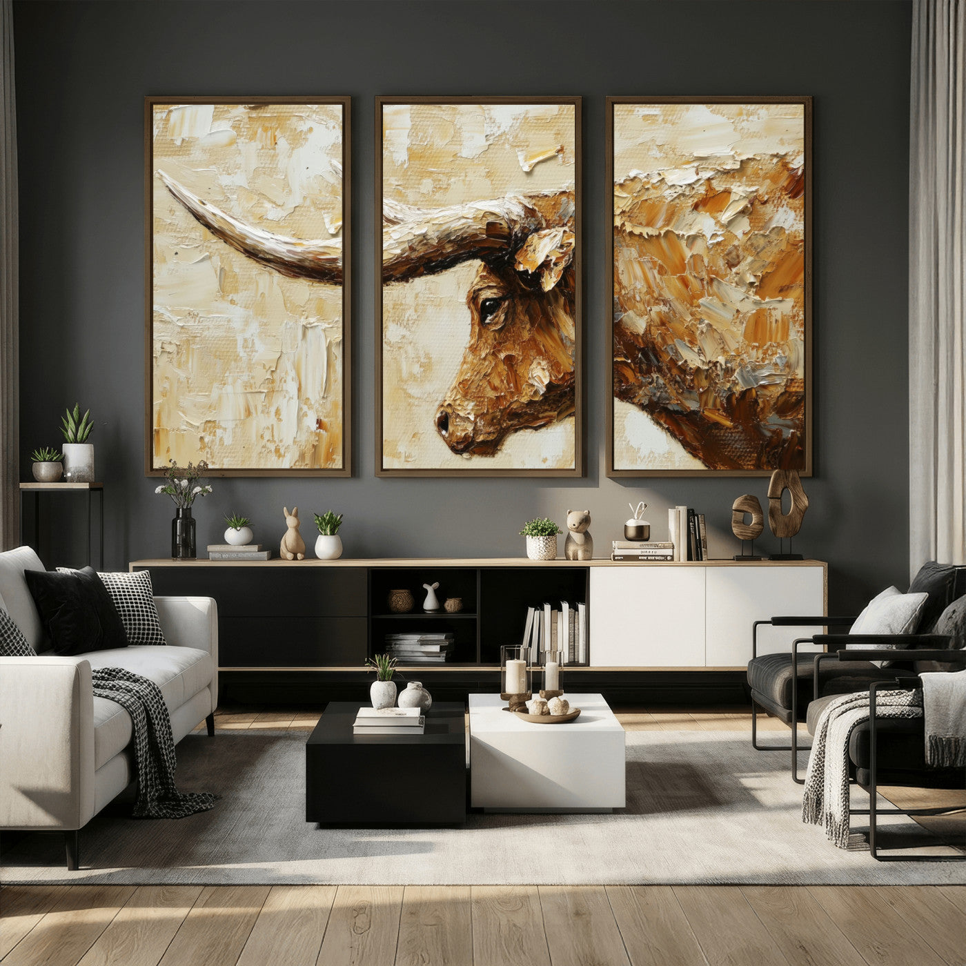 69611428-MGV-CV-36X24 - Rustic Longhorn Bull Wall Art Canvas Print – Vintage Western Cattle Painting, Texas Abstract Wall Cow Prints